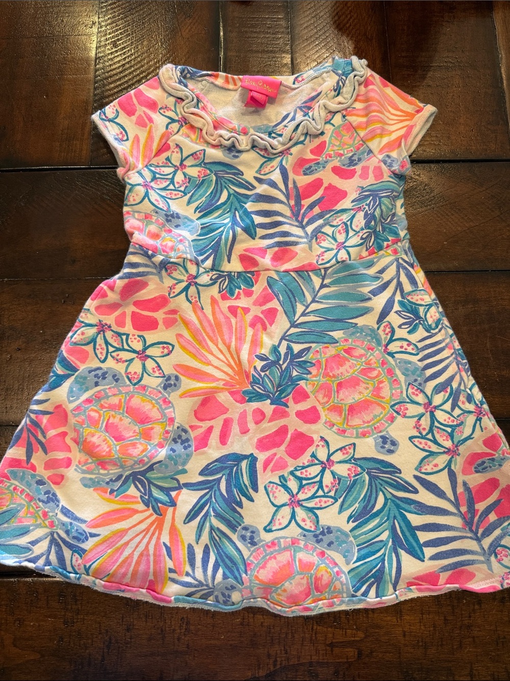 Lilly Pulitzer Girls Tropical Floral Turtle Print Dress - Pink & Blue